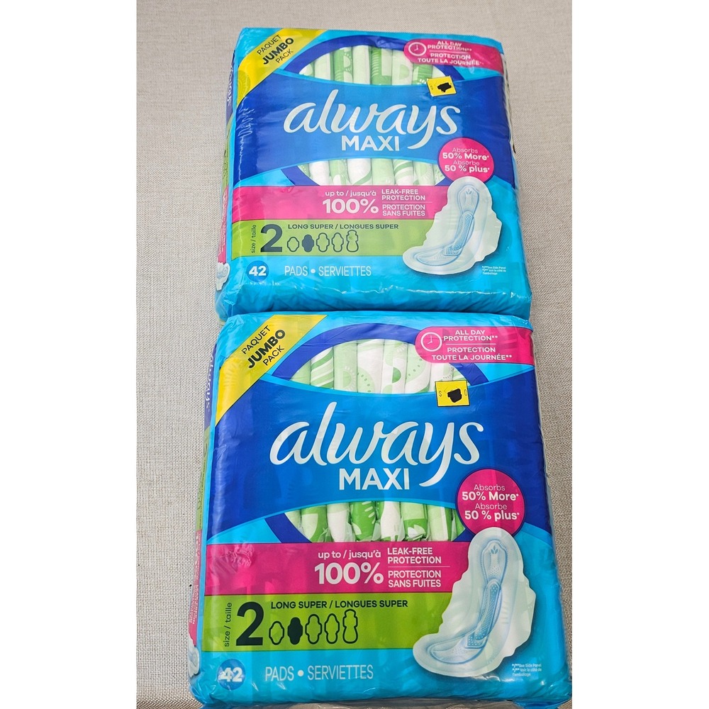 2 pack Always‎ Maxi Pads Size 2 Long Super 42 Count Jumbo Pack 100% Leak Free